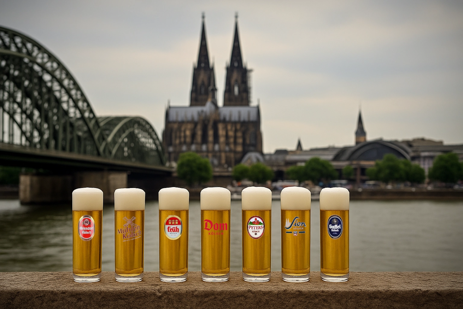 Sieben Kölsch-Sorten vor dem Kölner Dom und der Hohenzollernbrücke